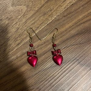 Dangle Drop Bow & Heart Fuchsia Pink Earrings